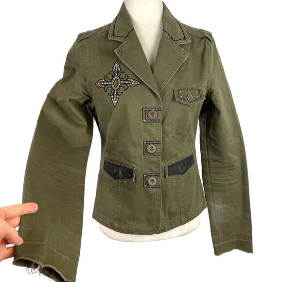 Jaded By Knight Womens Medium Olive Green Egal Leather Military Jacket Studded - Picture 2 of 16